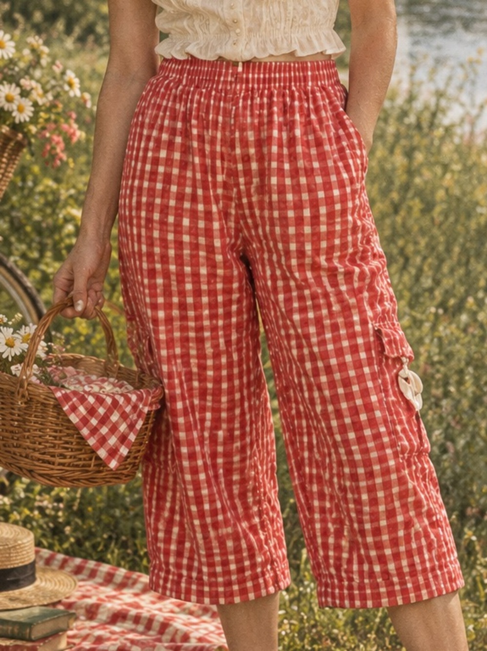 Vintage 90s Red Gingham Cotton Capri Pants Wide Leg Cottagecore Picnic L